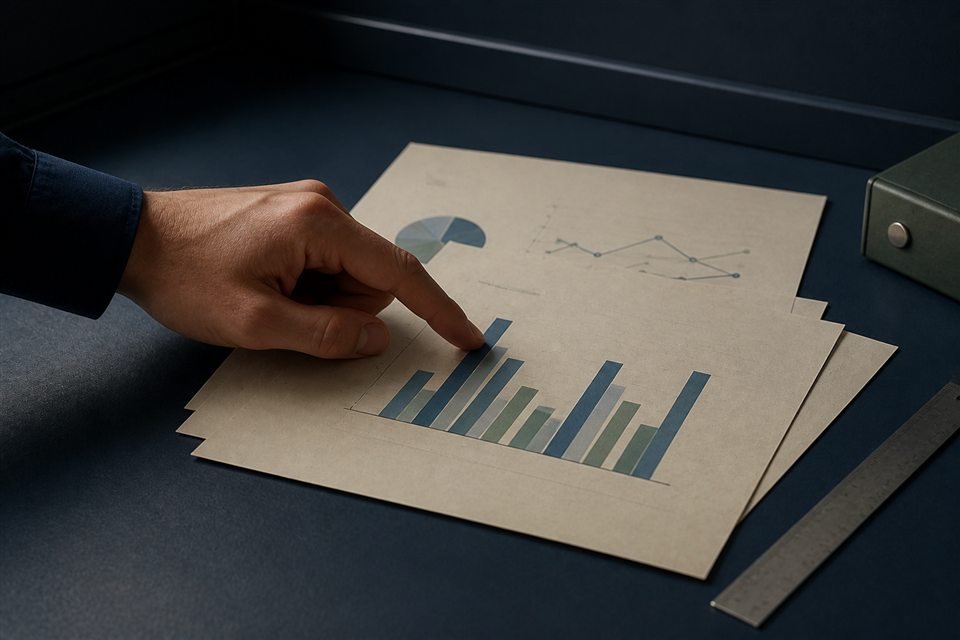 Revisión de gráficos de negocio sobre documentos y un escritorio azul